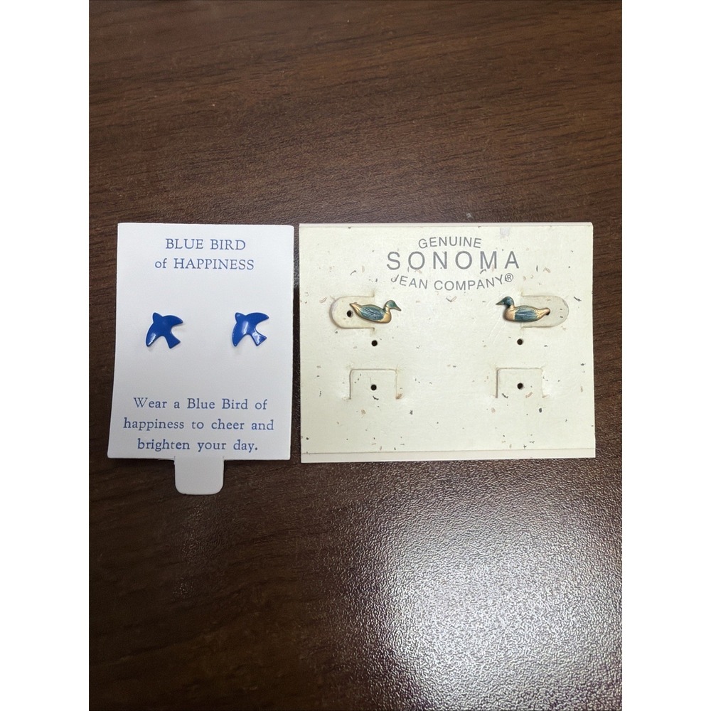 2 Pair Bird Stud Earrings Blue Bird of Happiness Sonoma Duck Gold Tone Cute Gift